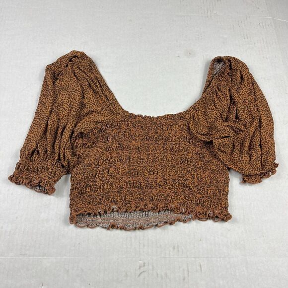 Urban Outfitters Smocked Cropped Top Animal Print Off The Shoulder Shirt LARGE - Picture 10 of 11